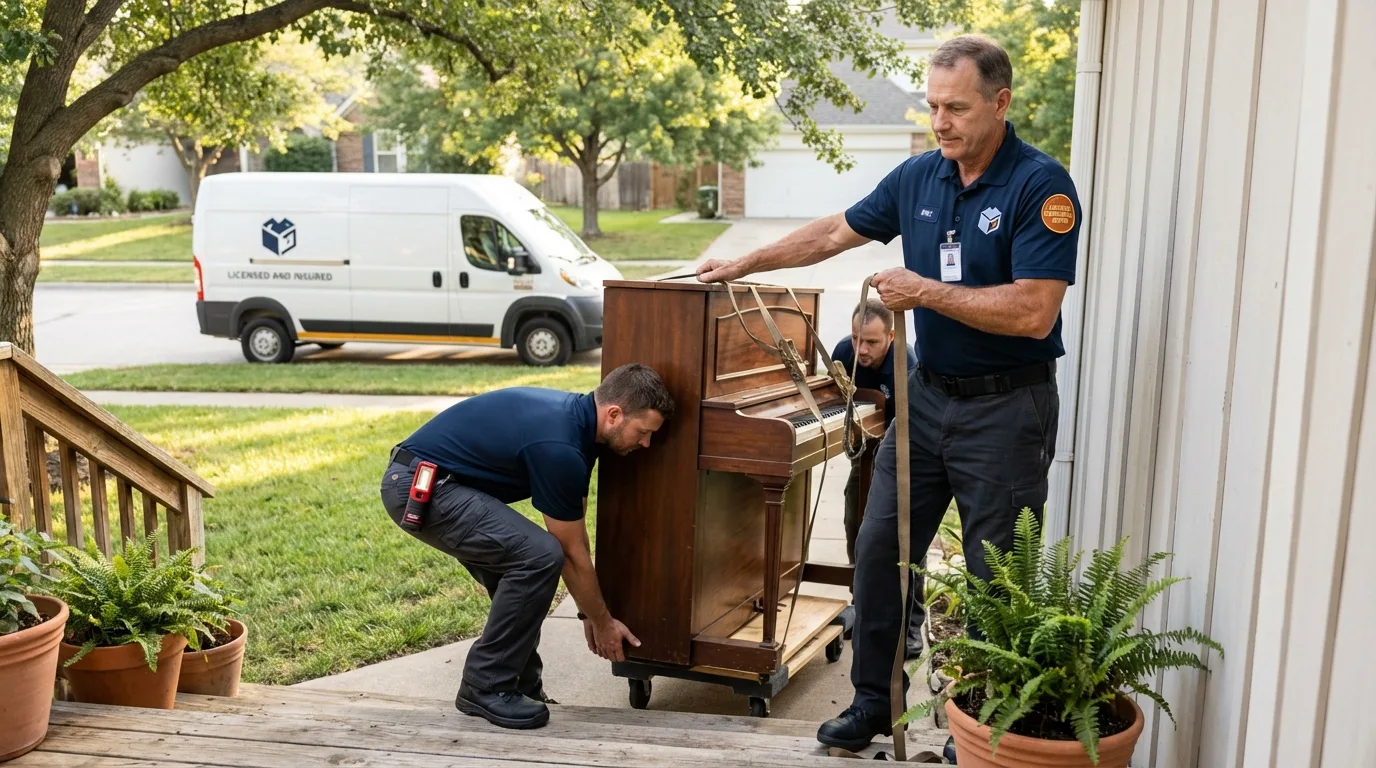 Licensed piano movers securing grand piano in Berlin, PA