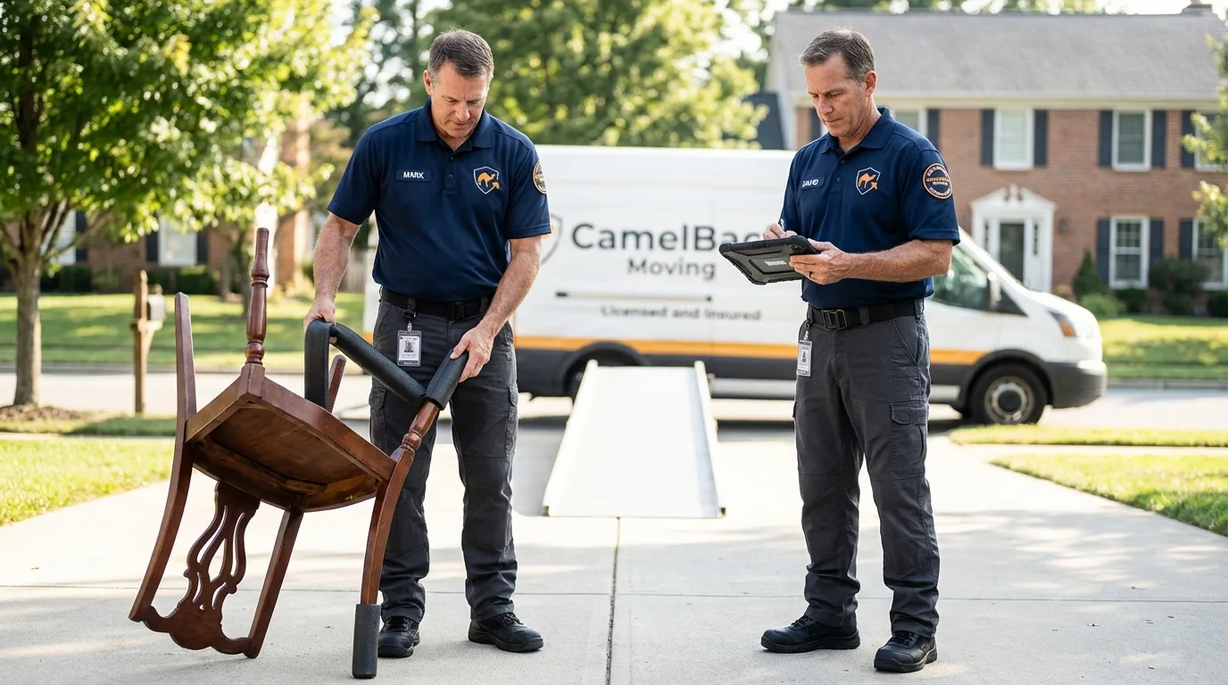 Movers inspecting furniture for damage prevention before loading in Berlin, PA