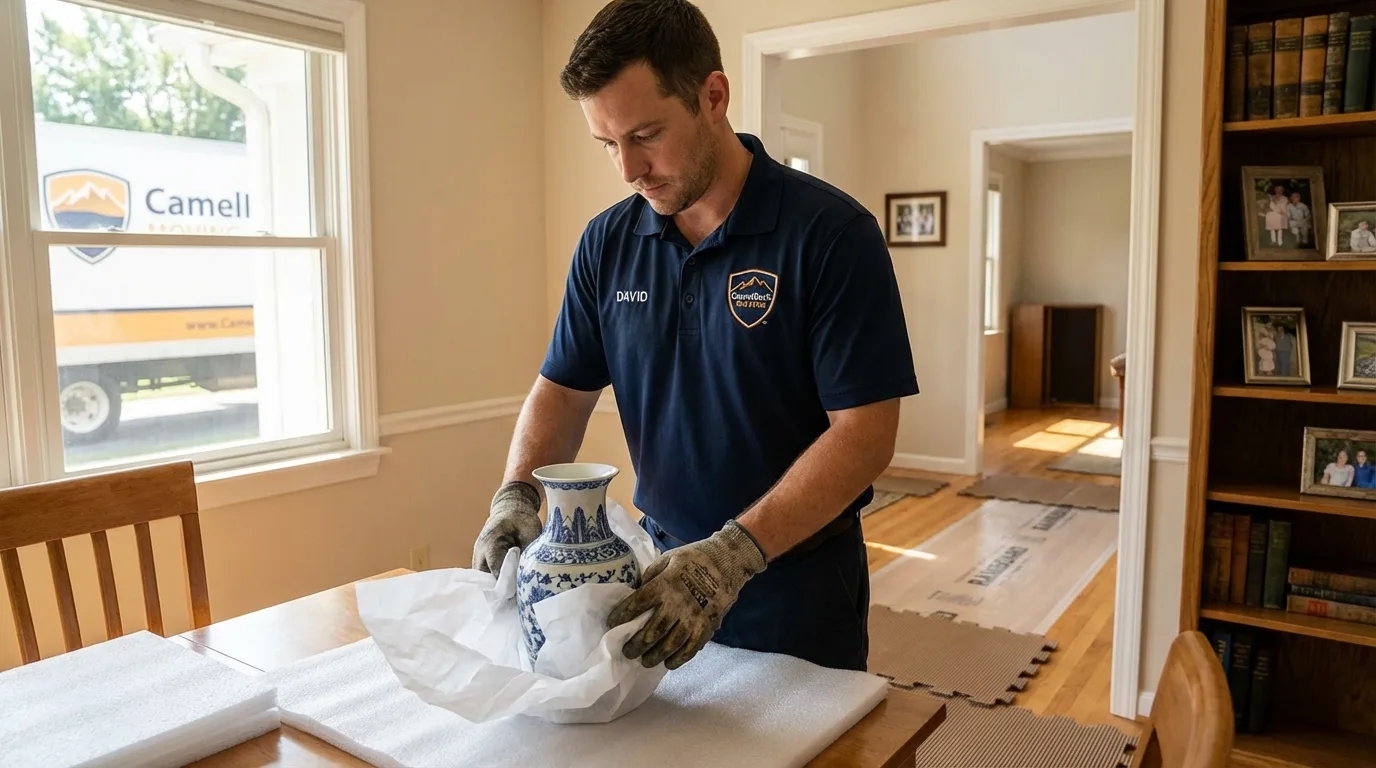 Professional crew carefully wrapping antique vase for senior downsizing move in Berlin, PA
